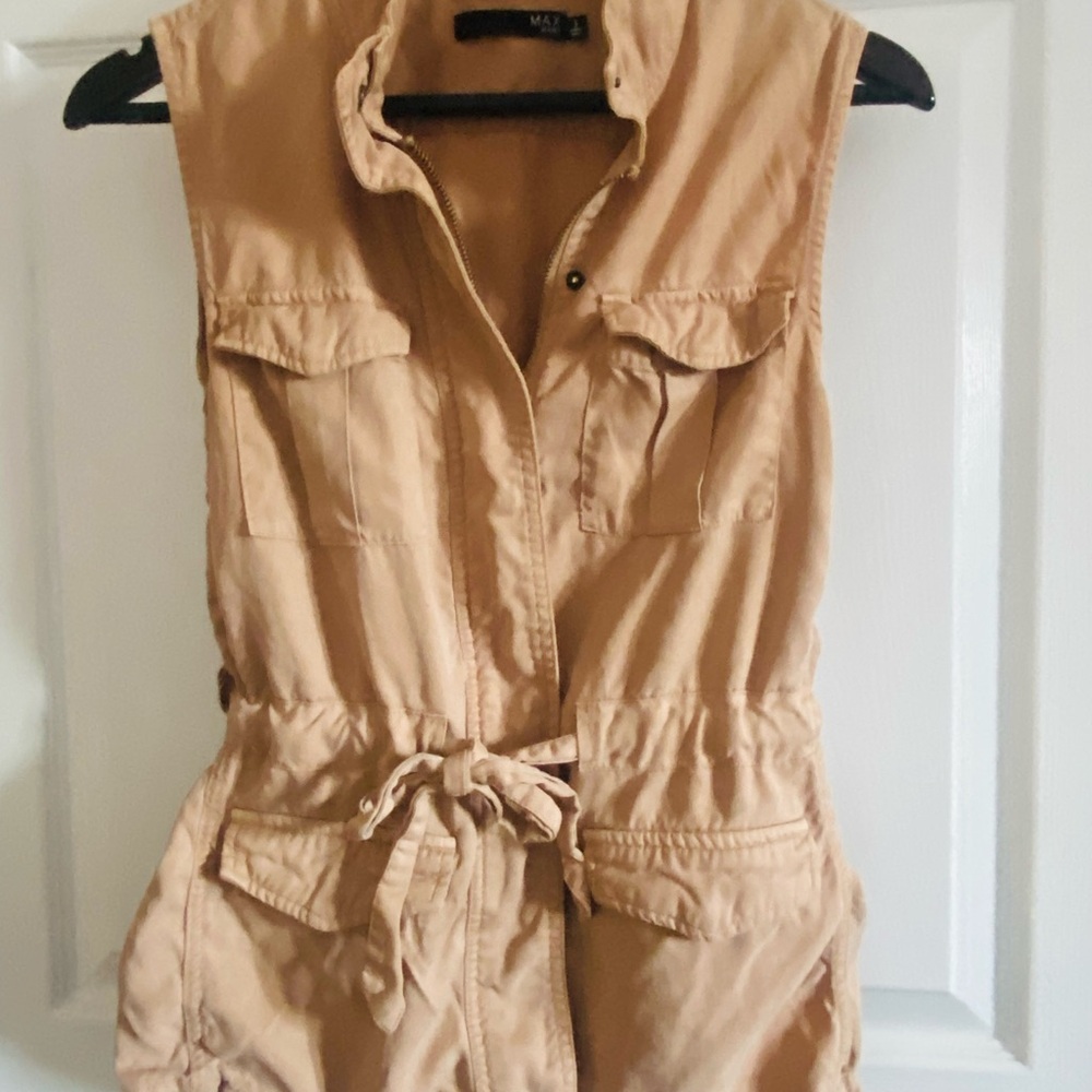 Max Jeans Tan Zip-Up Military Vest with Cinched Waist